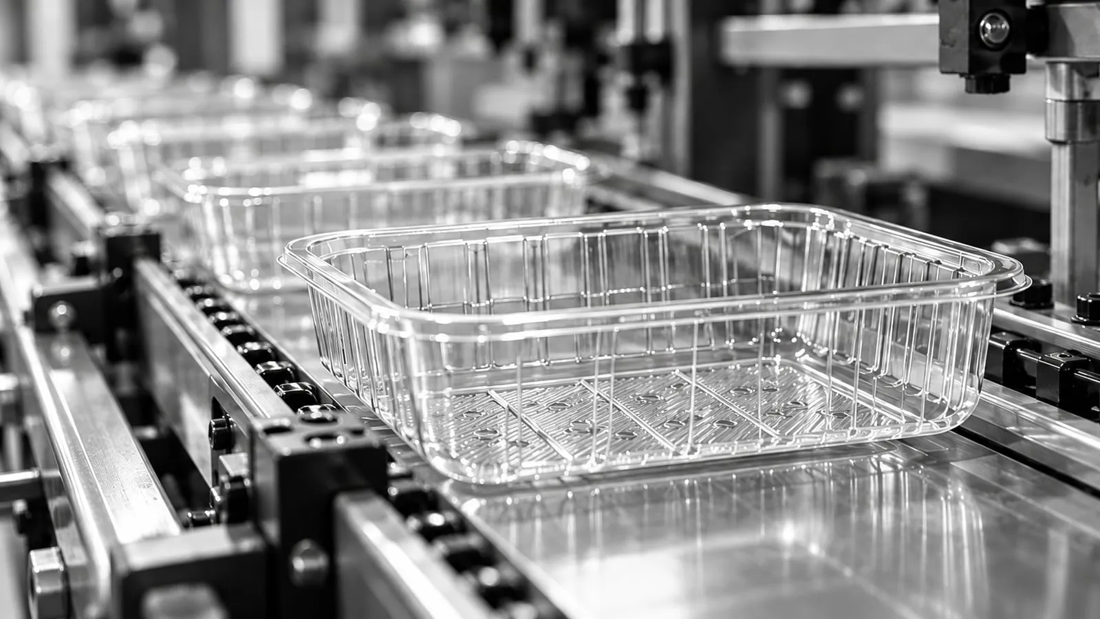 Clear PET trays on the forming line