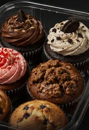 Decorated bakery items in a clear Lucid tray