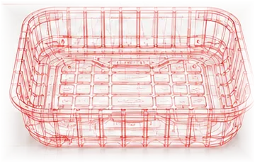 Custom tray shown as a red engineering wireframe