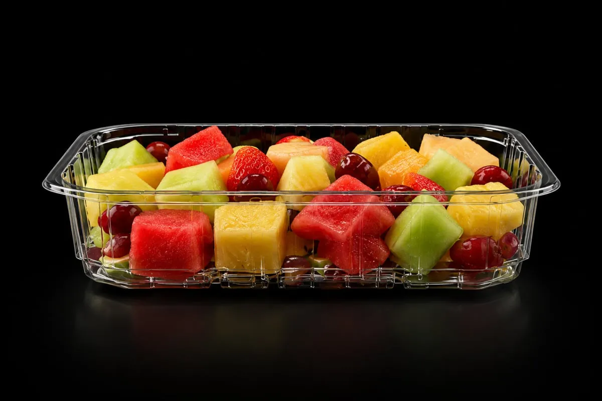 Cut fruit in a clear Lucid Infinity tray on black