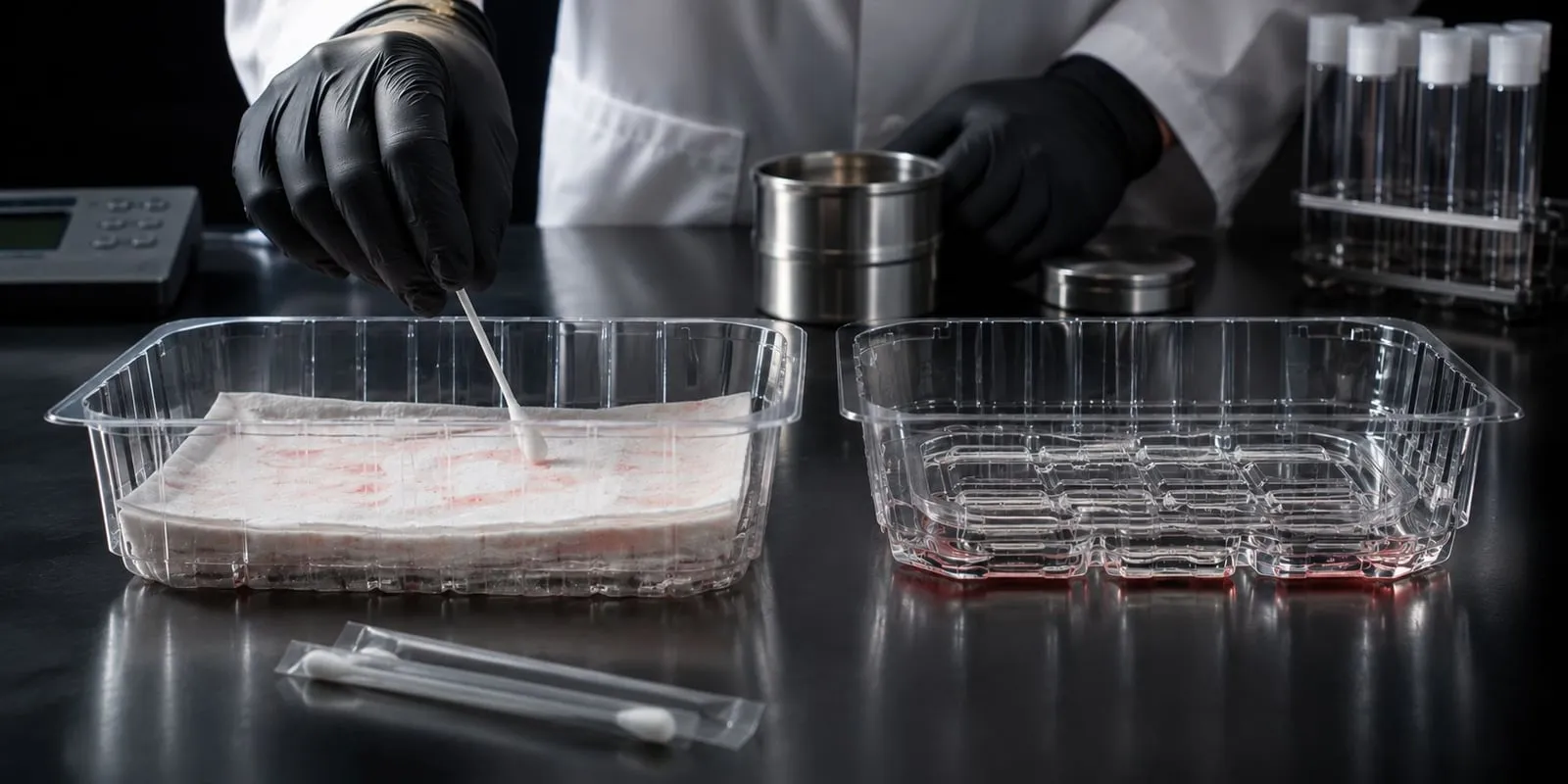 Lab technician swabbing a used tray for bacterial testing