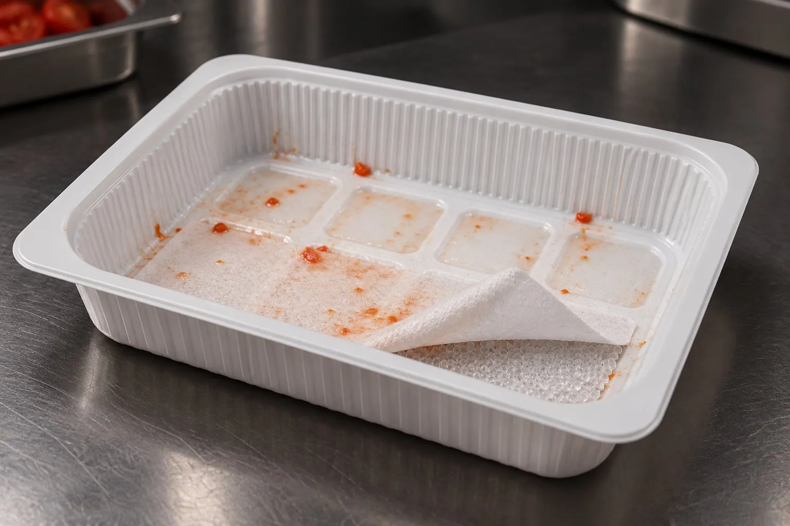 A conventional food service tray with a fabric pad and loose desiccant beads