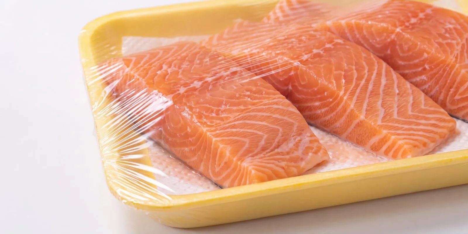 A fish fillet sitting on a soaked absorbent pad in a conventional tray