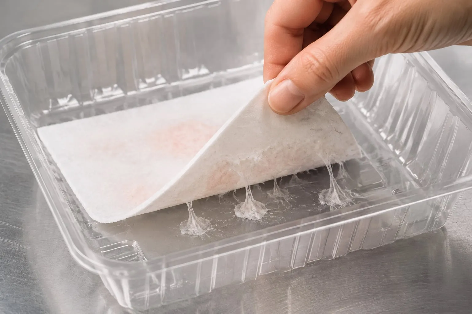 Close-up of raw meat sitting on a soaked absorbent pad, purge pooling around it