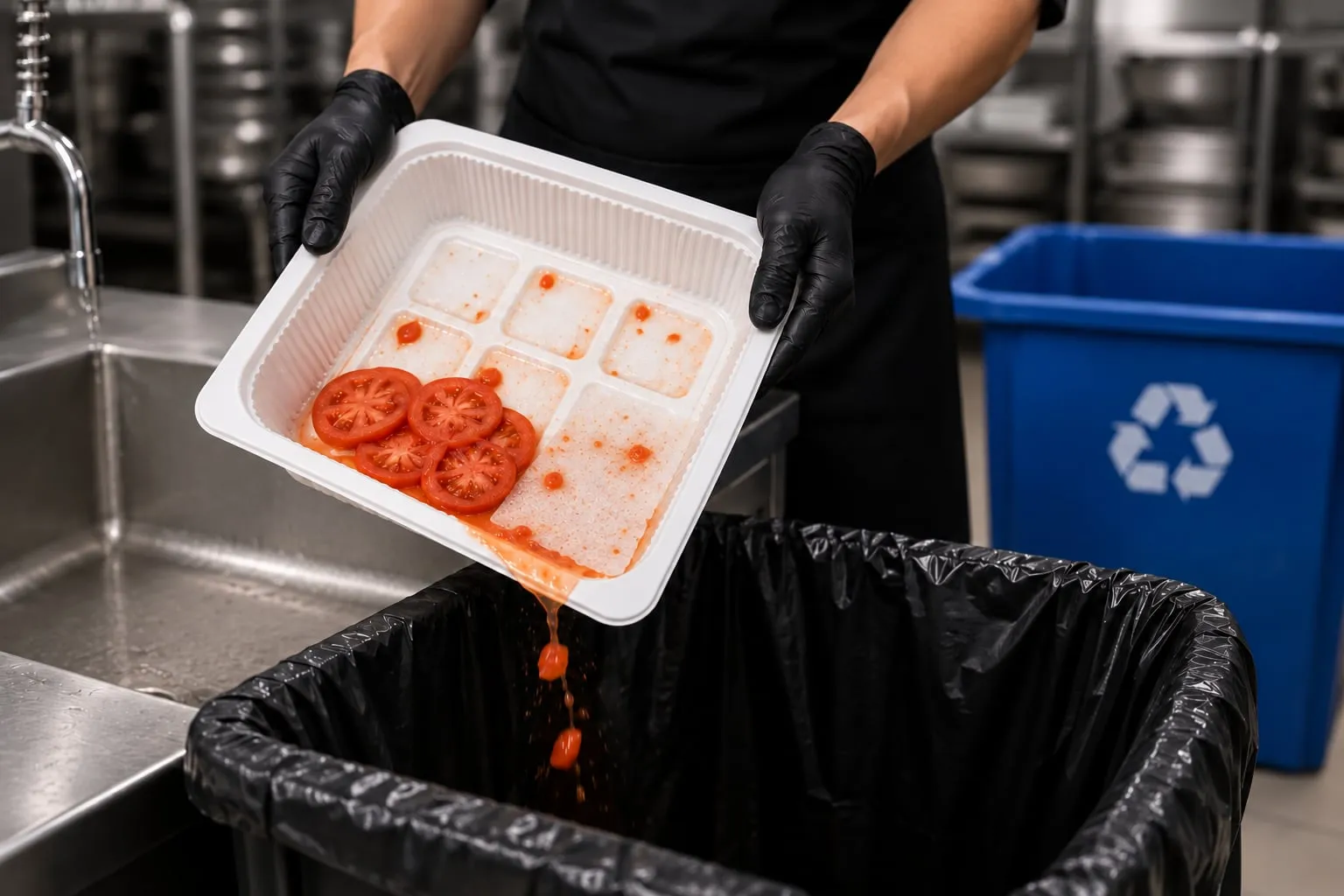 Padded food service trays stacked beside their added components