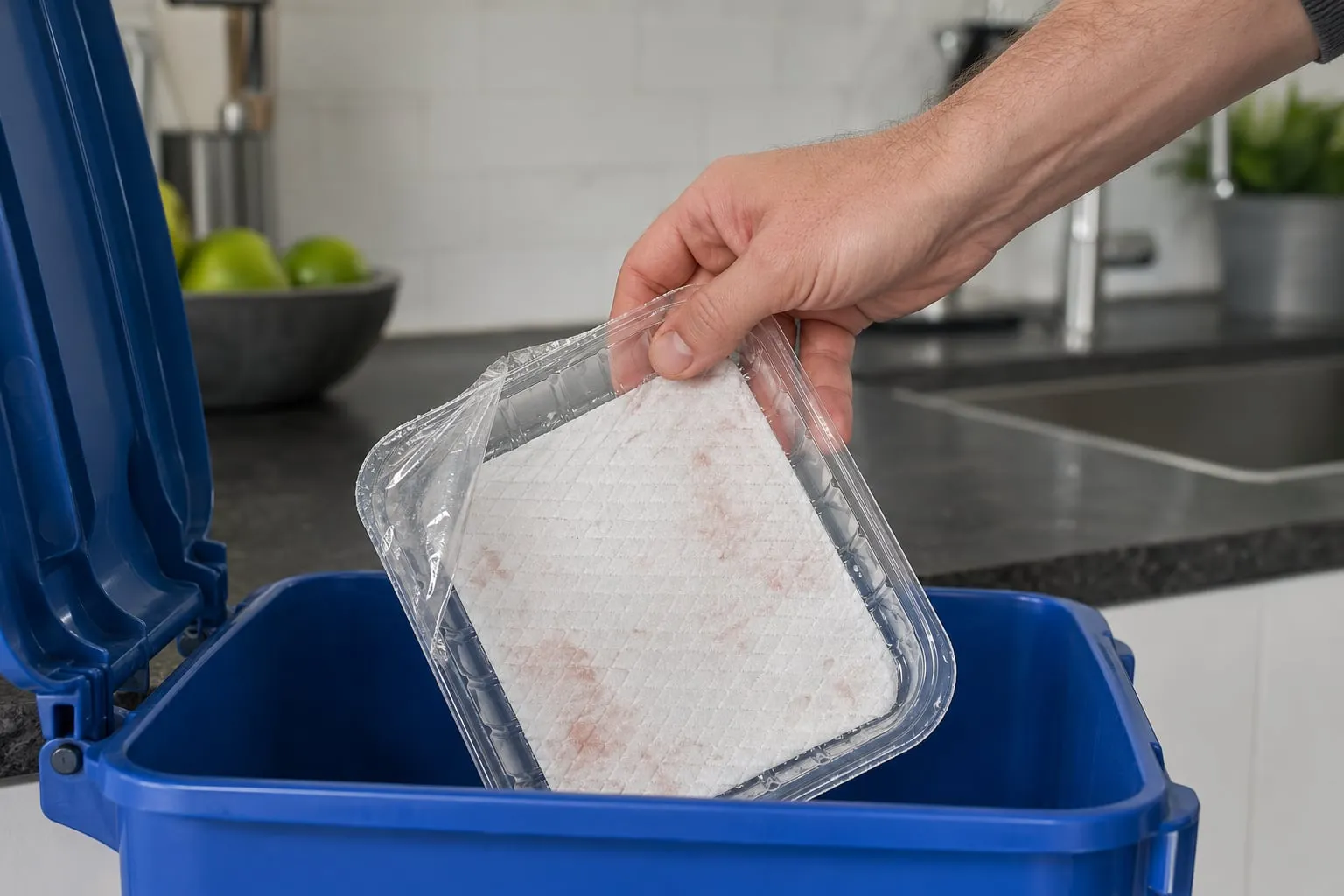 Packaged meat on a retail shelf with darkened, purge-stained pads visible through the film
