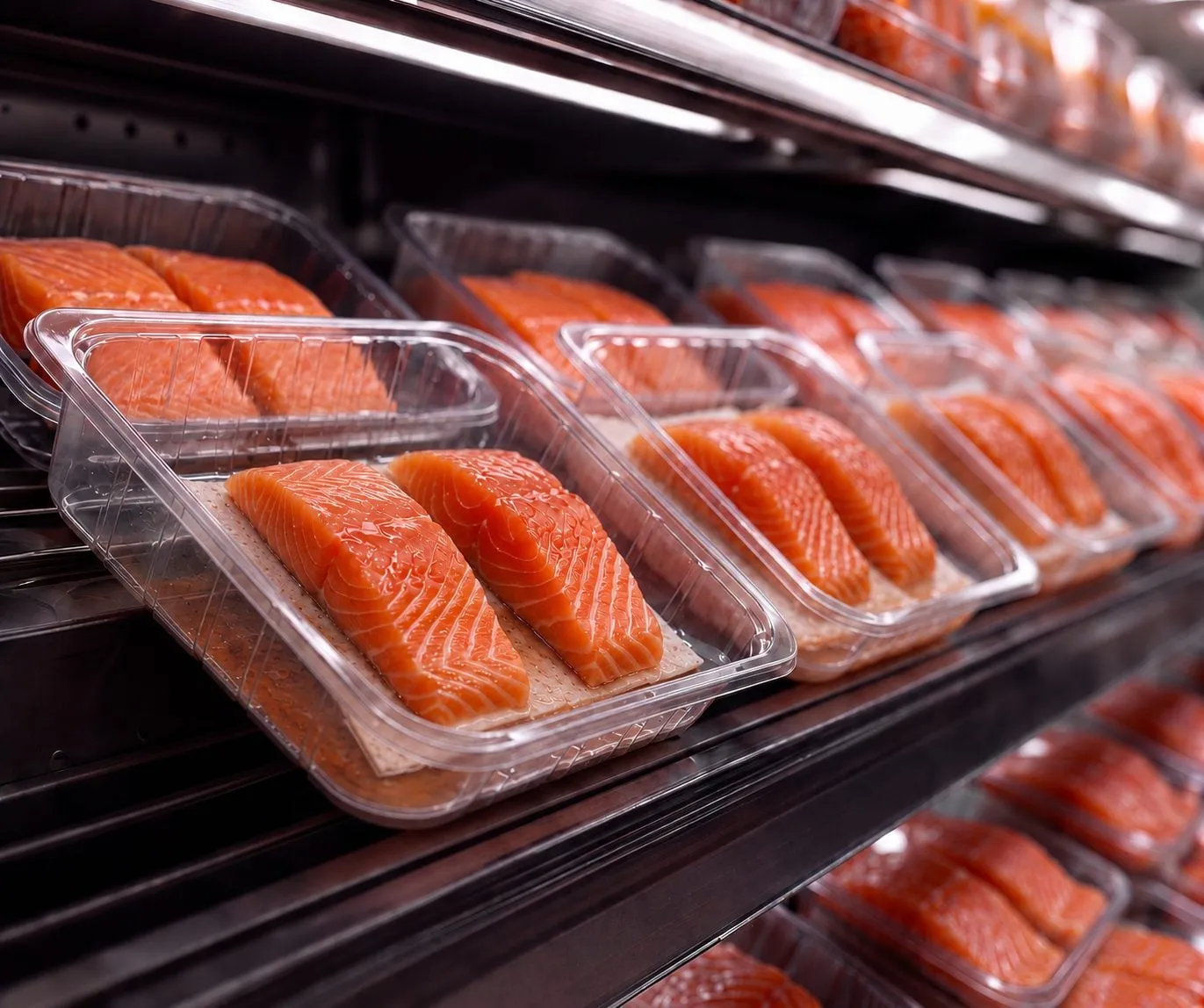 Packaged seafood on a retail shelf with darkened, purge-stained pads visible through the film