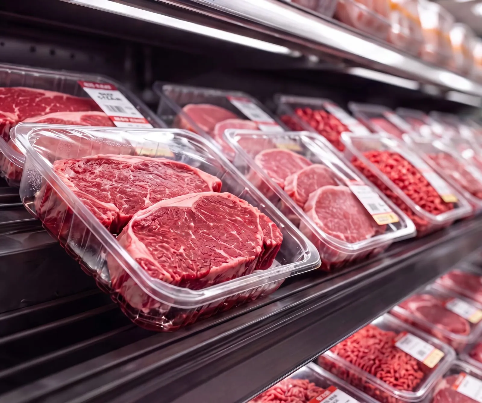 Packaged beef on a retail shelf with darkened, purge-stained pads visible through the film