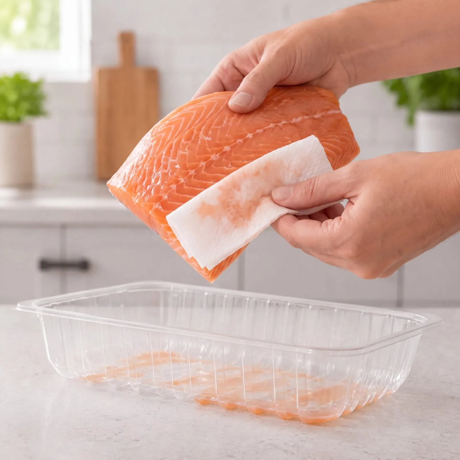 A hand peeling a wet soaker pad away from the bottom of a used seafood tray
