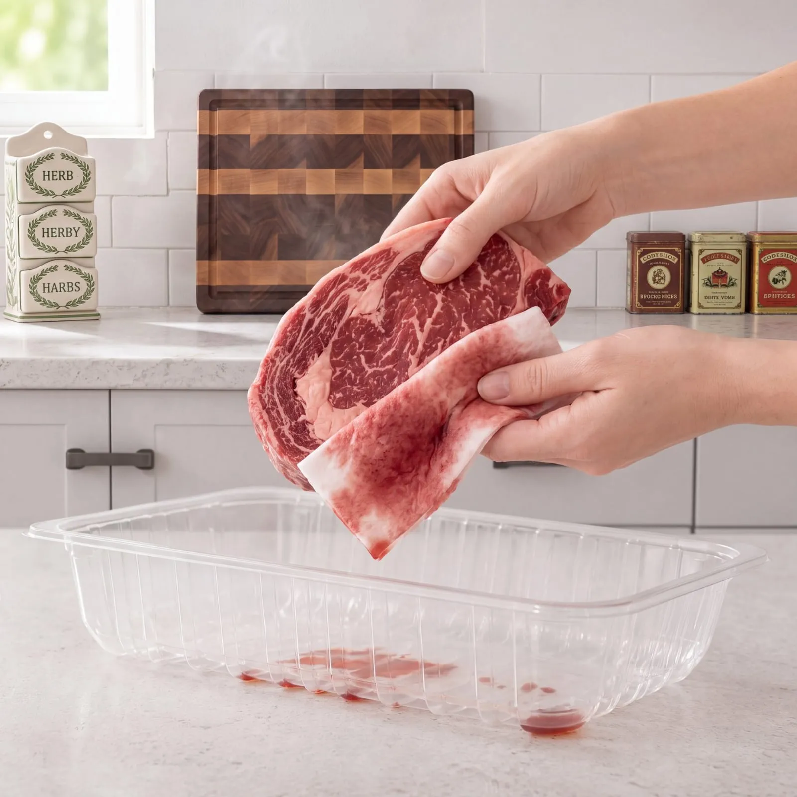 A hand peeling a wet soaker pad away from the bottom of a used meat tray