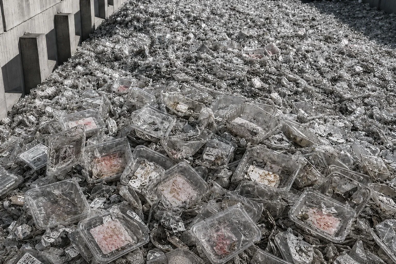 A pile of discarded padded trays heading to landfill