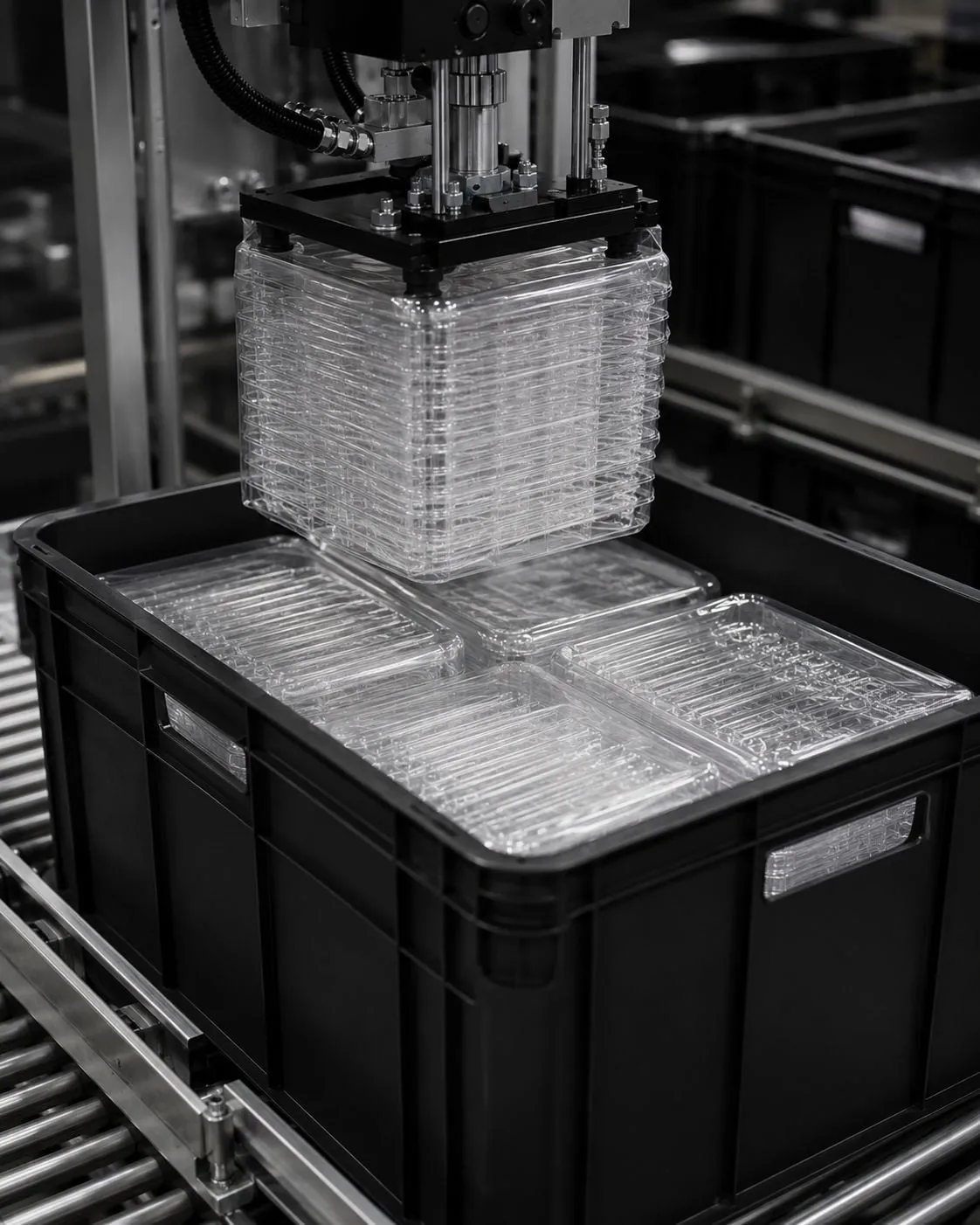 Finished clear PET trays packed into crates, ready to ship