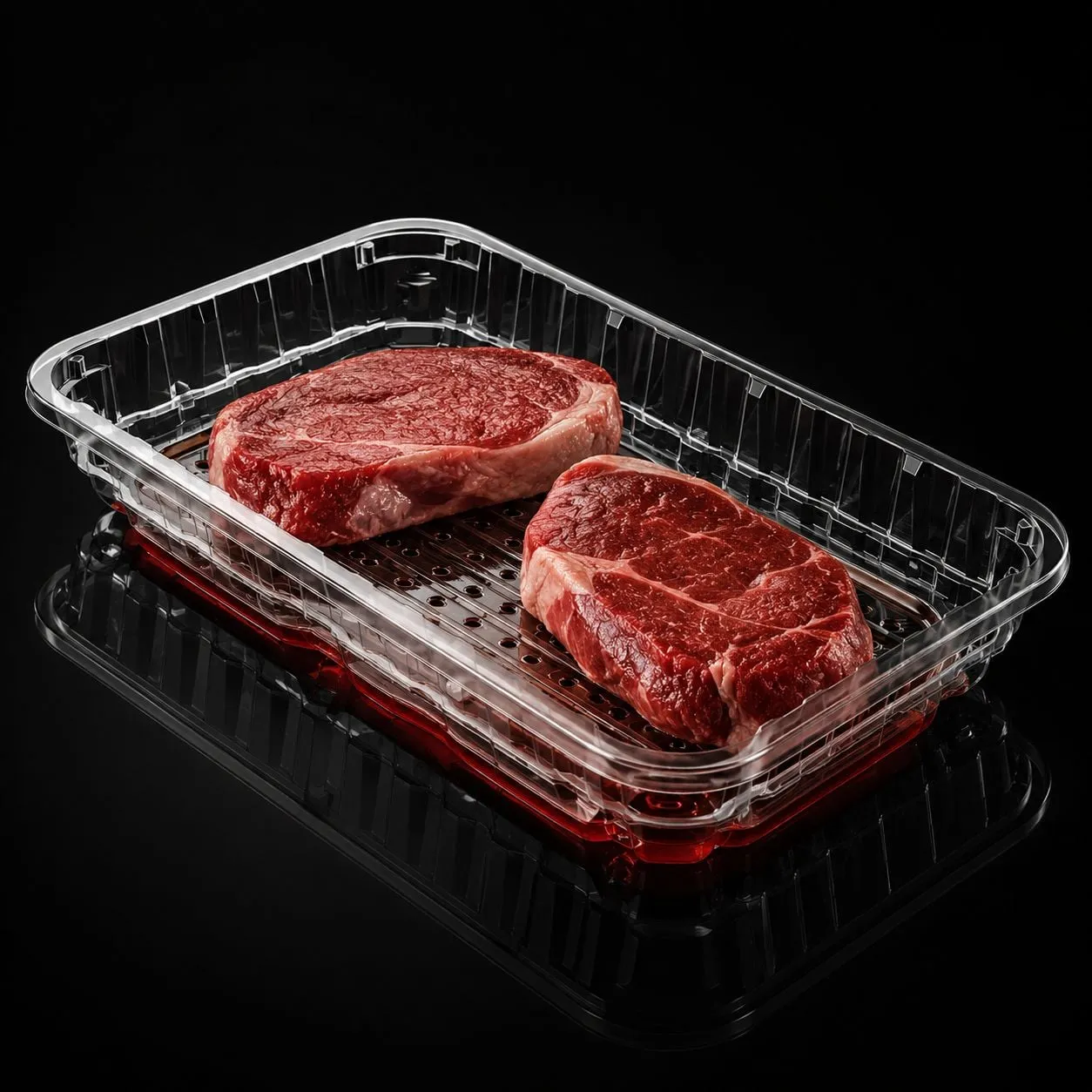 Two-piece Infinity tray with the liquid held below the product