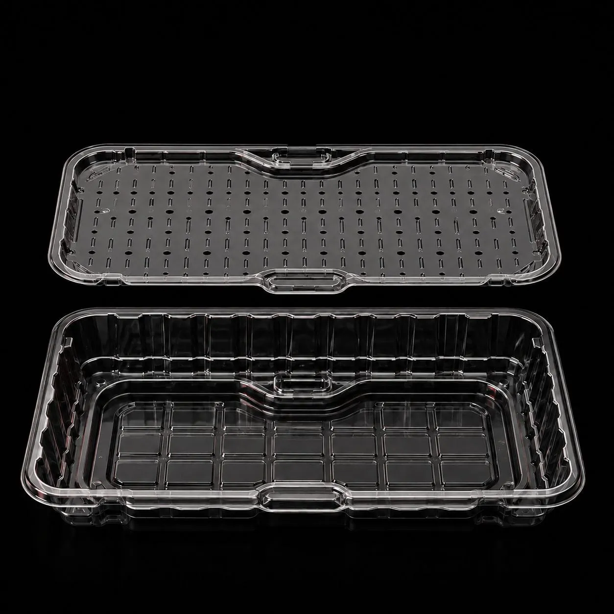 A clear PET tray made from a single material