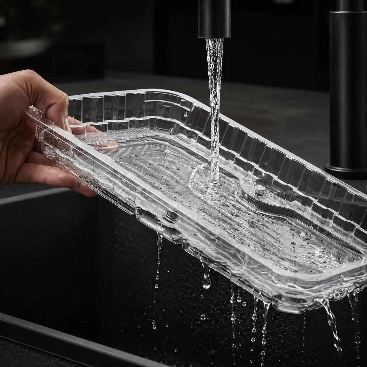 A clear tray being rinsed before going into the recycling bin