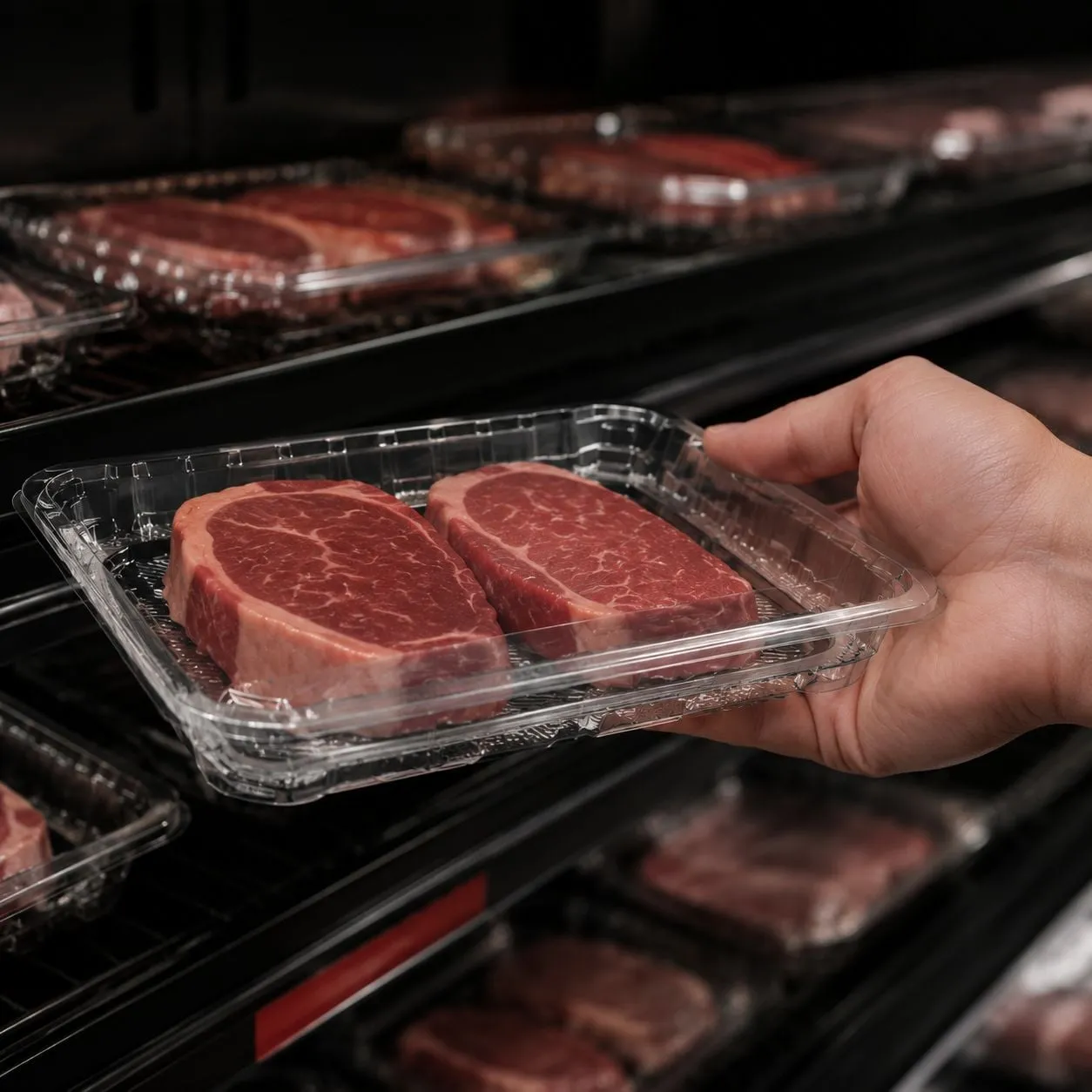 A shopper picking up a clear Infinity tray at the retail case