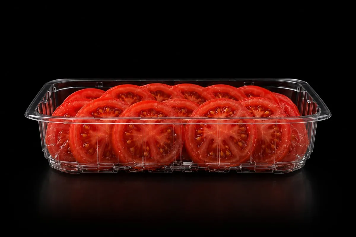 Prepared food in a clear Lucid tray on black
