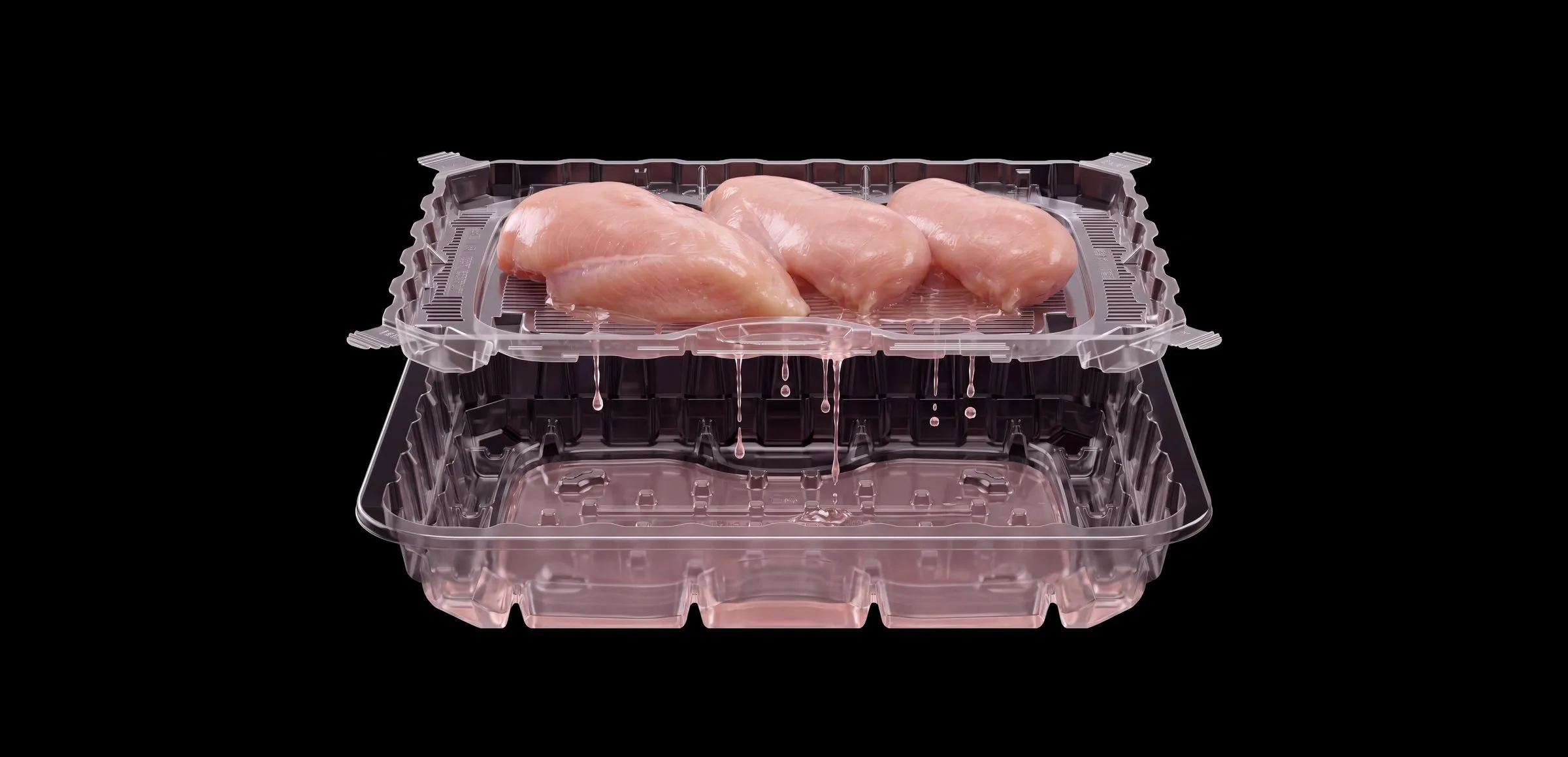 Lucid Infinity® two-chamber tray on black — raw chicken breasts on the top tray, purge dripping into the chamber below