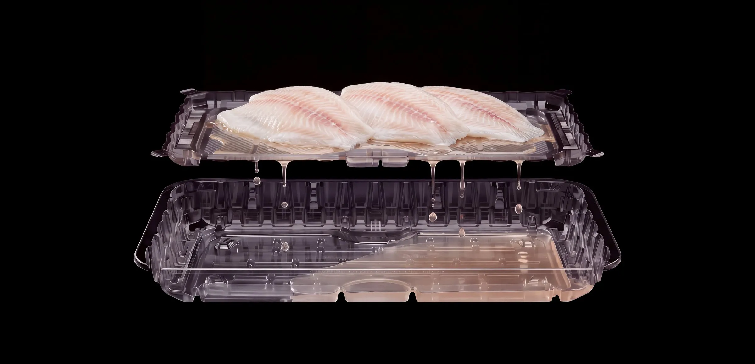Lucid Infinity® two-chamber tray on black — raw fish fillets on the top tray, purge dripping into the chamber below