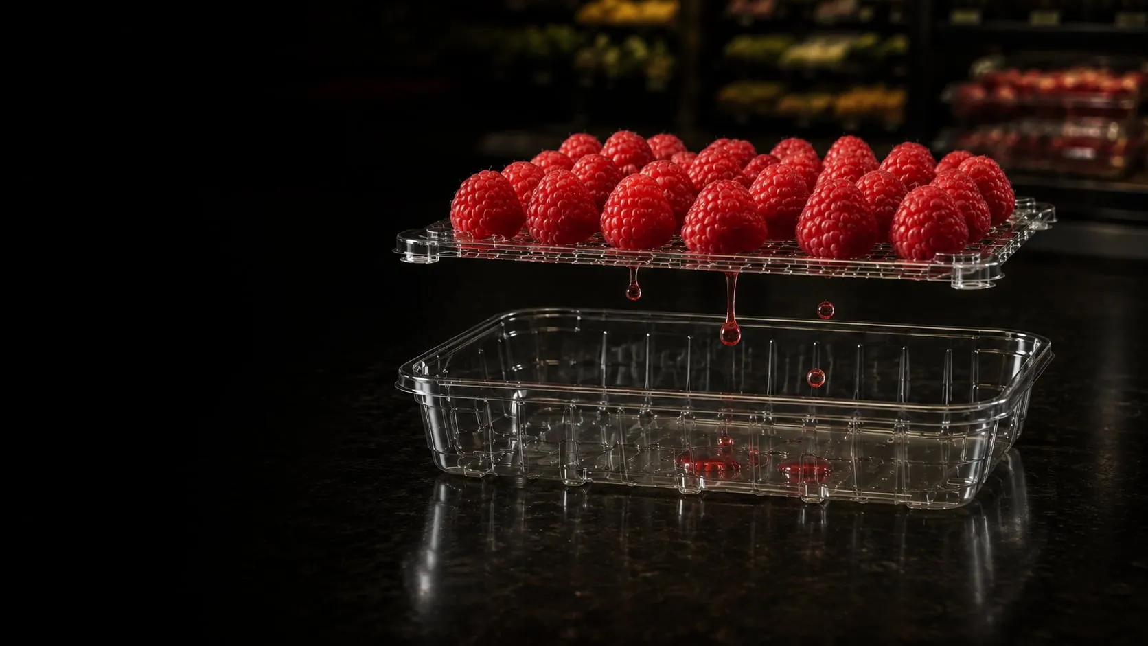 Fresh raspberries in clear, pad-free Lucid Infinity trays on a dark retail shelf