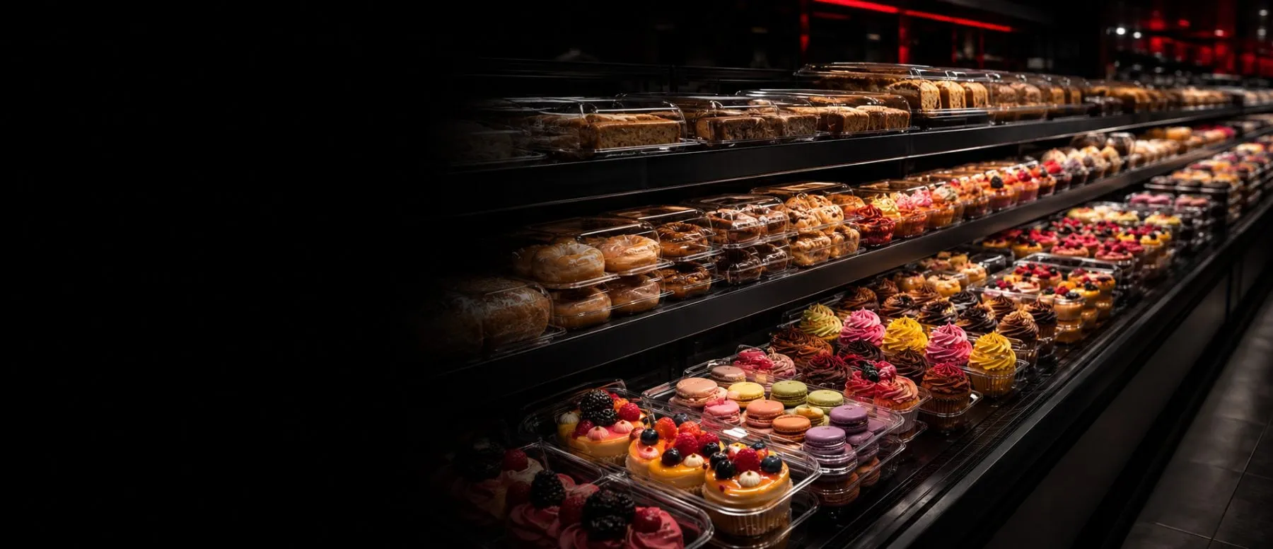 Bakery items in clear Lucid packaging on a dark retail shelf