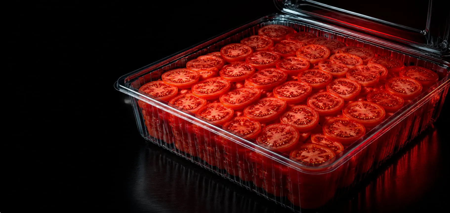 Sliced tomatoes in a clear Lucid Infinity tray in a dark kitchen