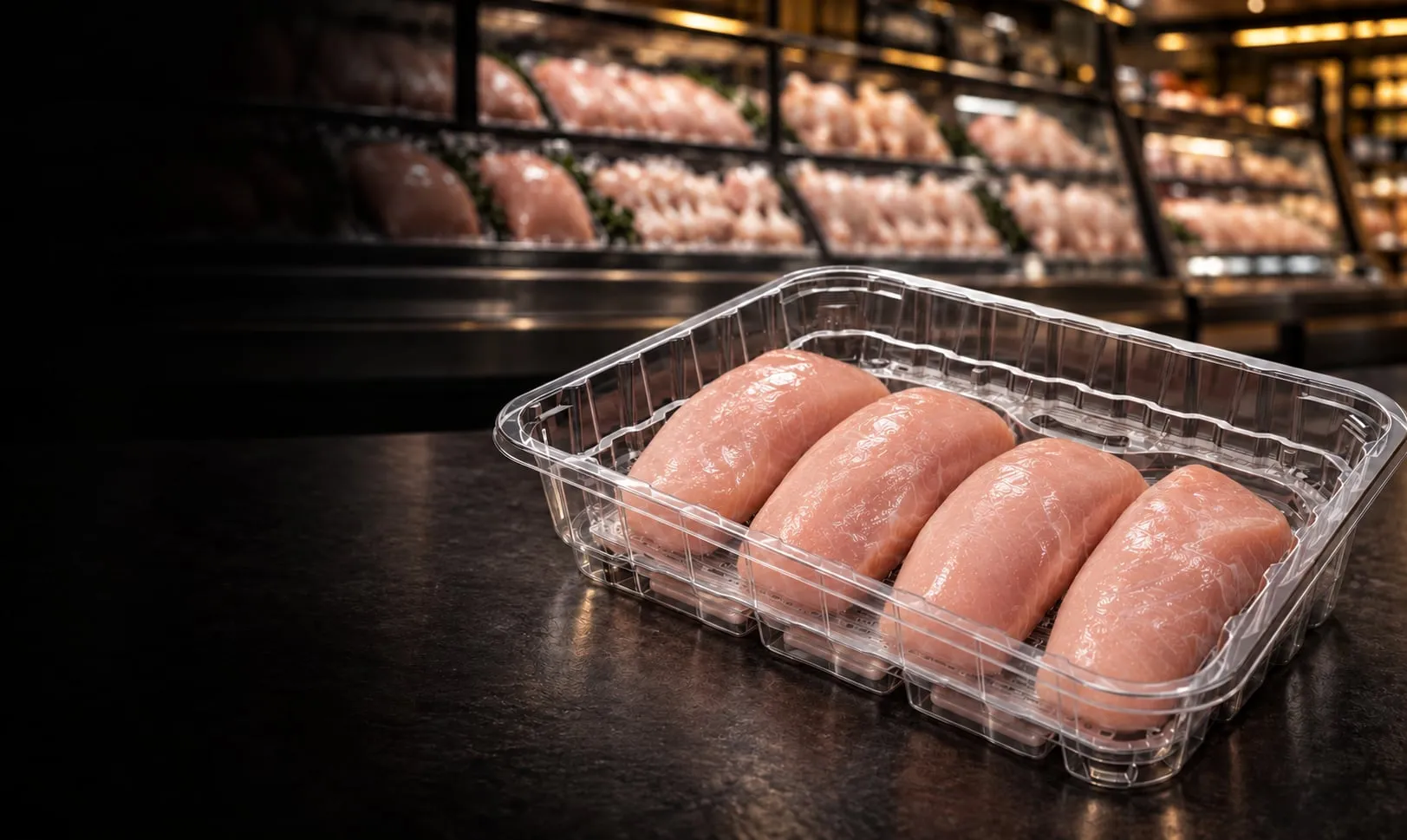 Chicken breasts packed dry in a clear Lucid Infinity tray at the meat counter