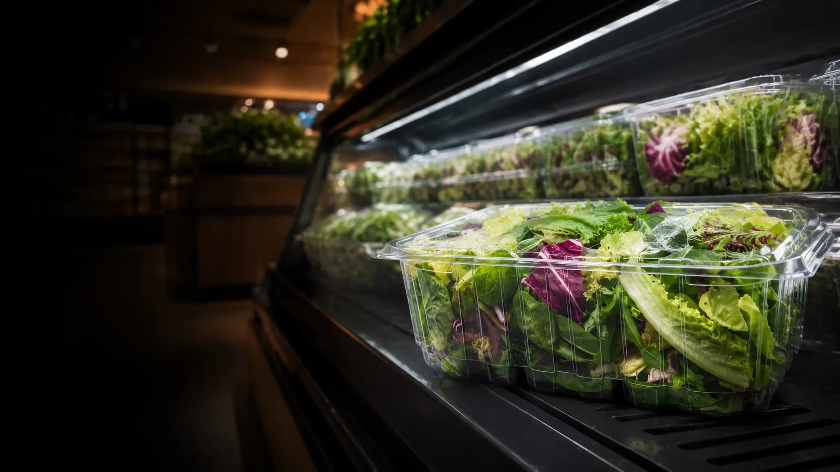 Mixed leafy greens in clear Lucid trays in a dark retail case