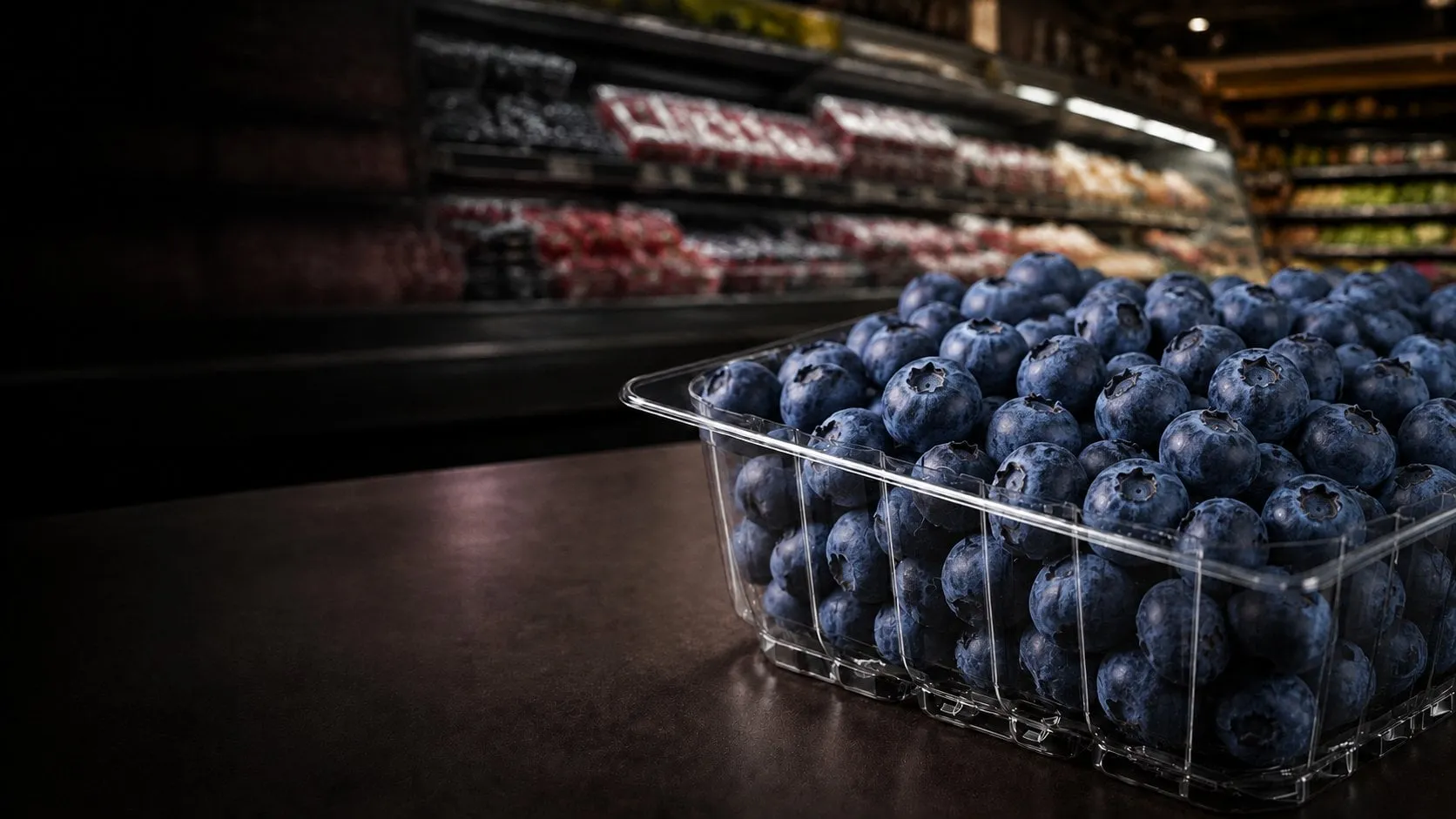 Fresh berries packed in a clear Lucid Infinity tray in a dark retail produce case