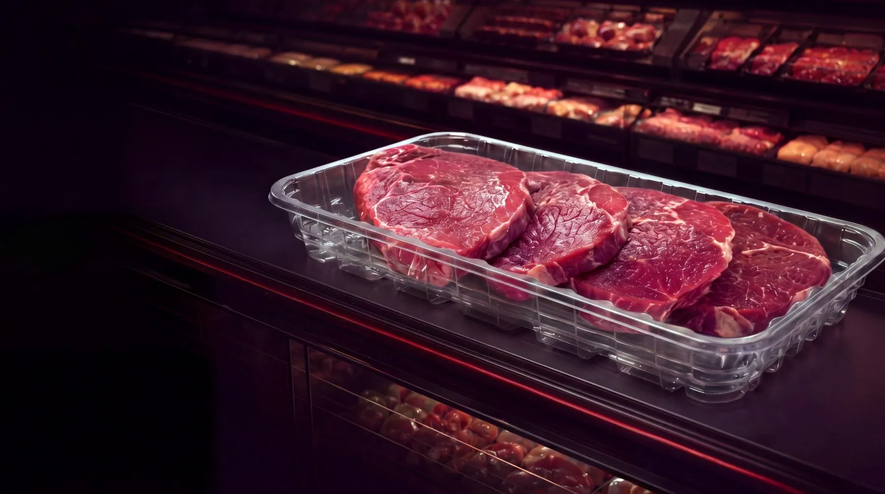 Fresh steaks packed dry in a clear, pad-free Lucid Infinity tray in a dark retail meat case
