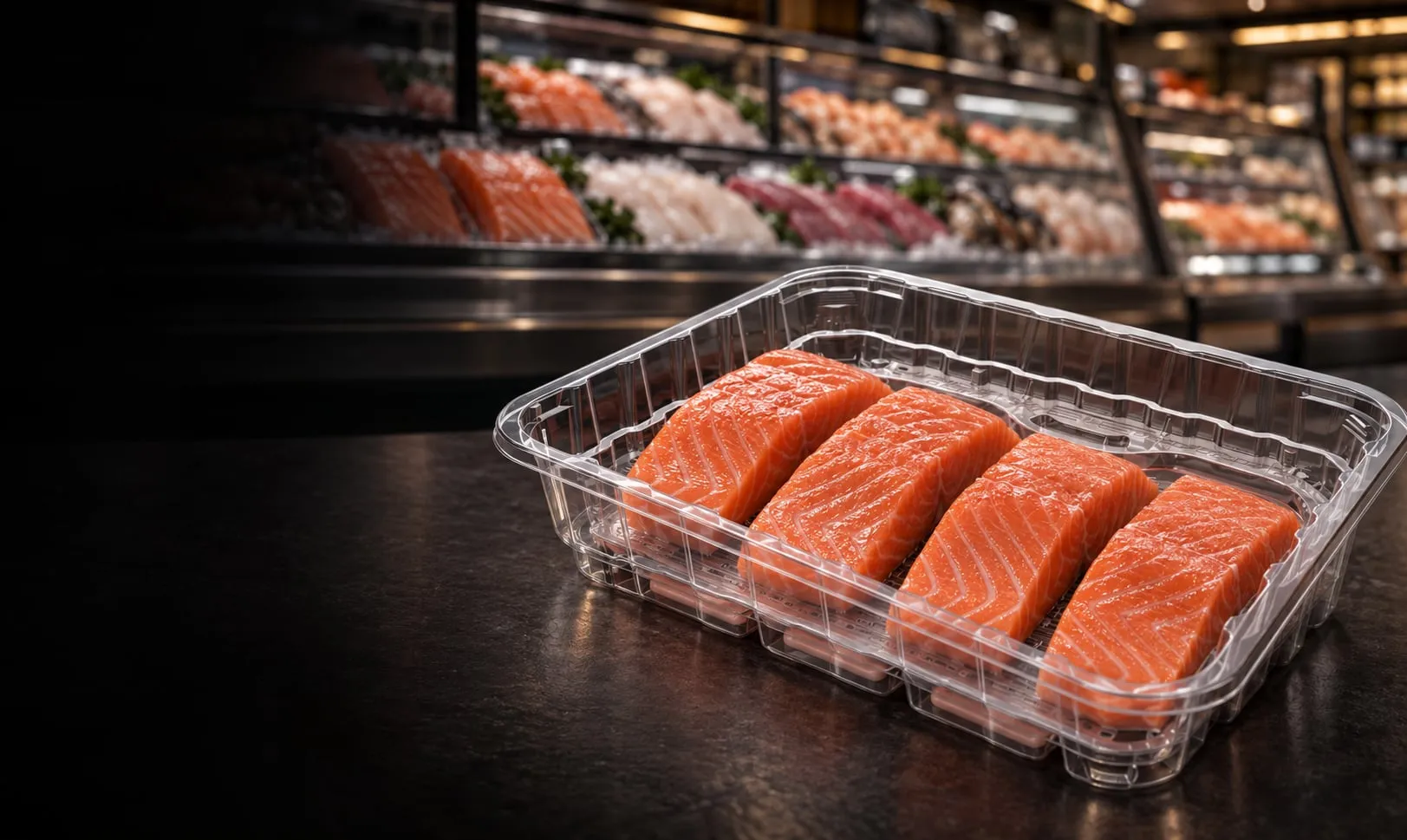 Salmon fillets packed dry in a clear Lucid Infinity tray in a dark retail seafood case