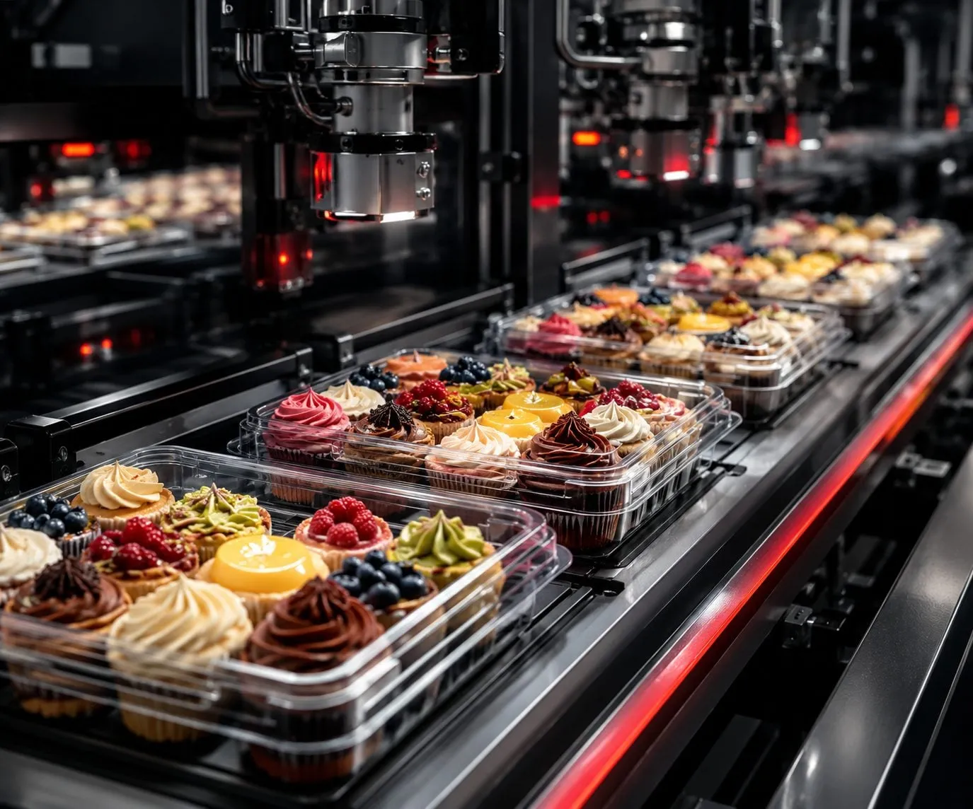 A high-speed bakery packaging line running with clear trays