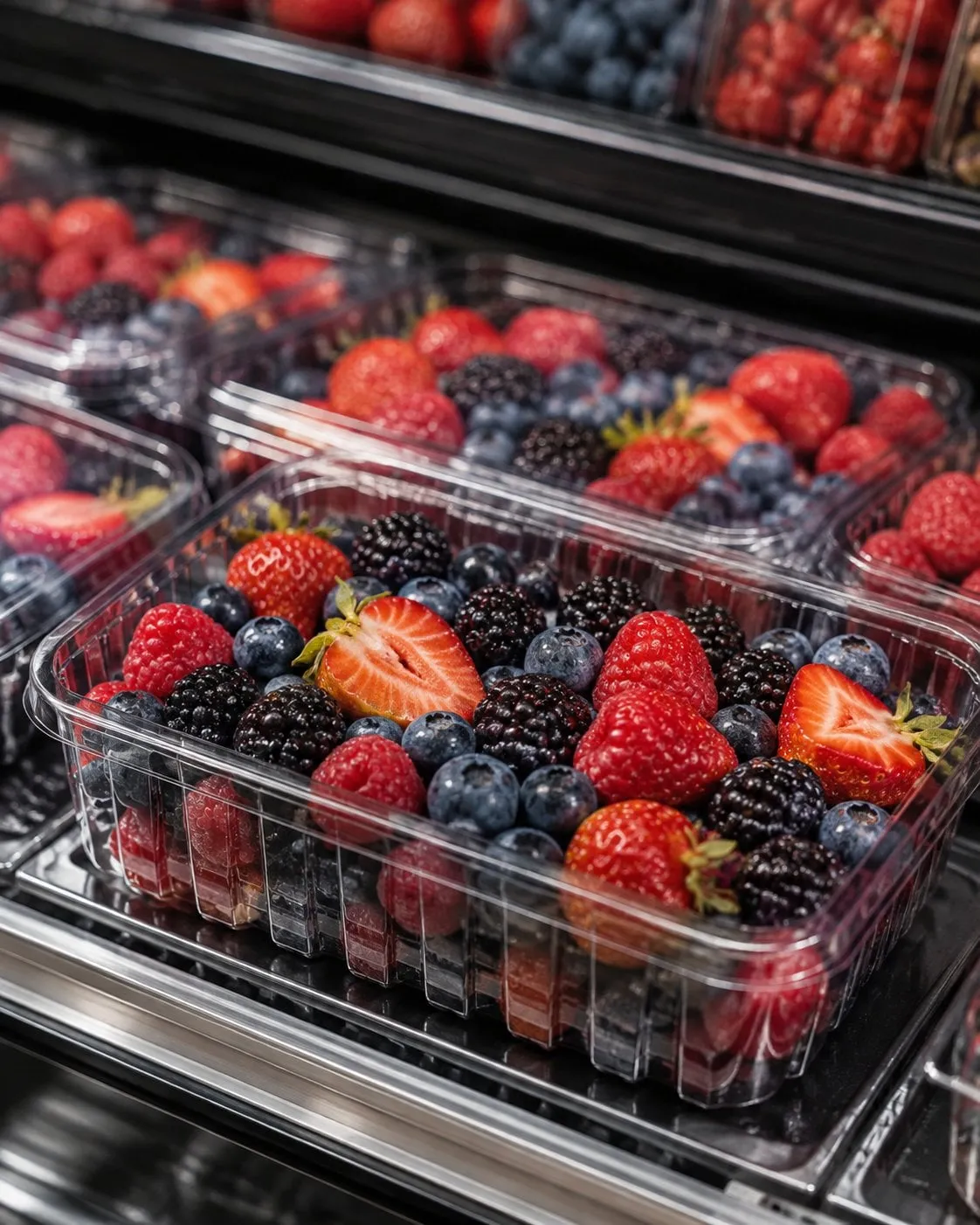 A fully stocked retail produce case of clear berry trays