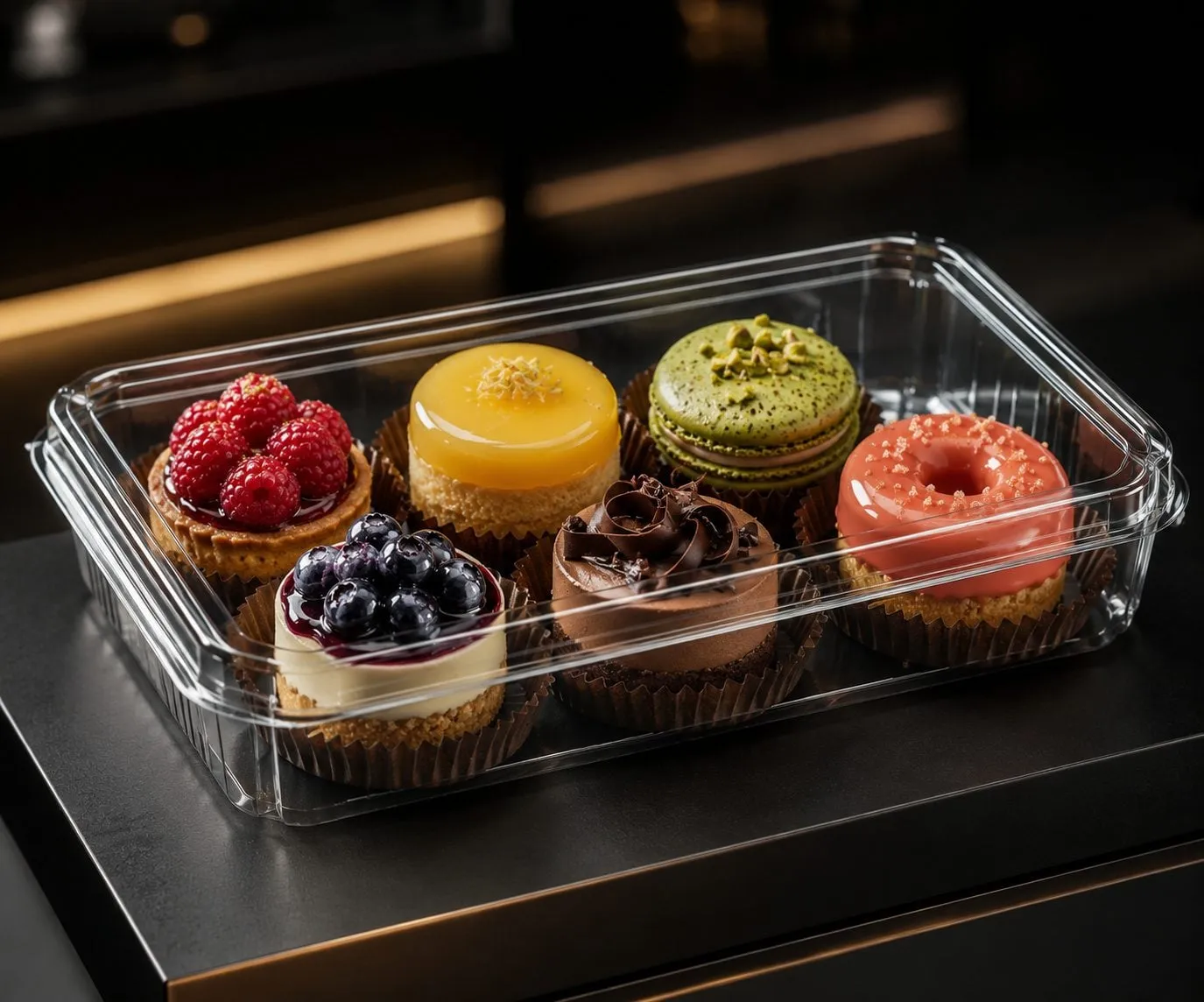 Decorated bakes seen clearly through a crystal-clear PET tray