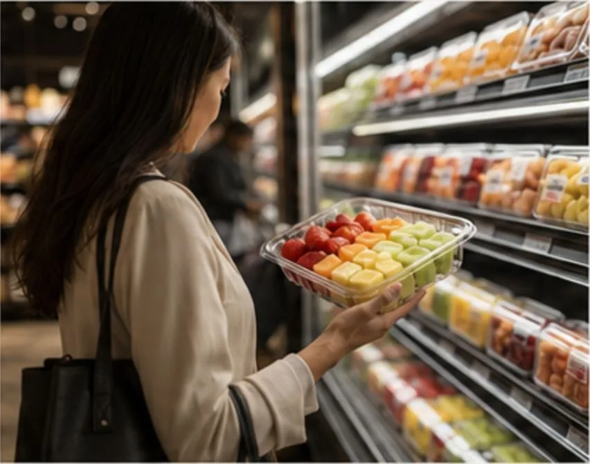 Shopper holding a clear tray of cut fruit