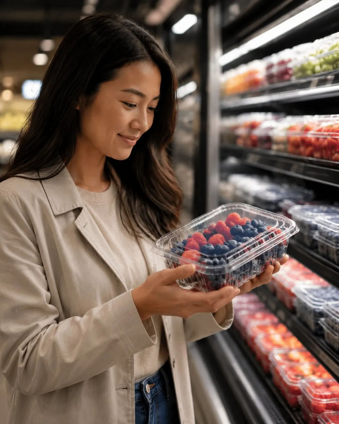 A shopper lifting a clear tray of berries to inspect it