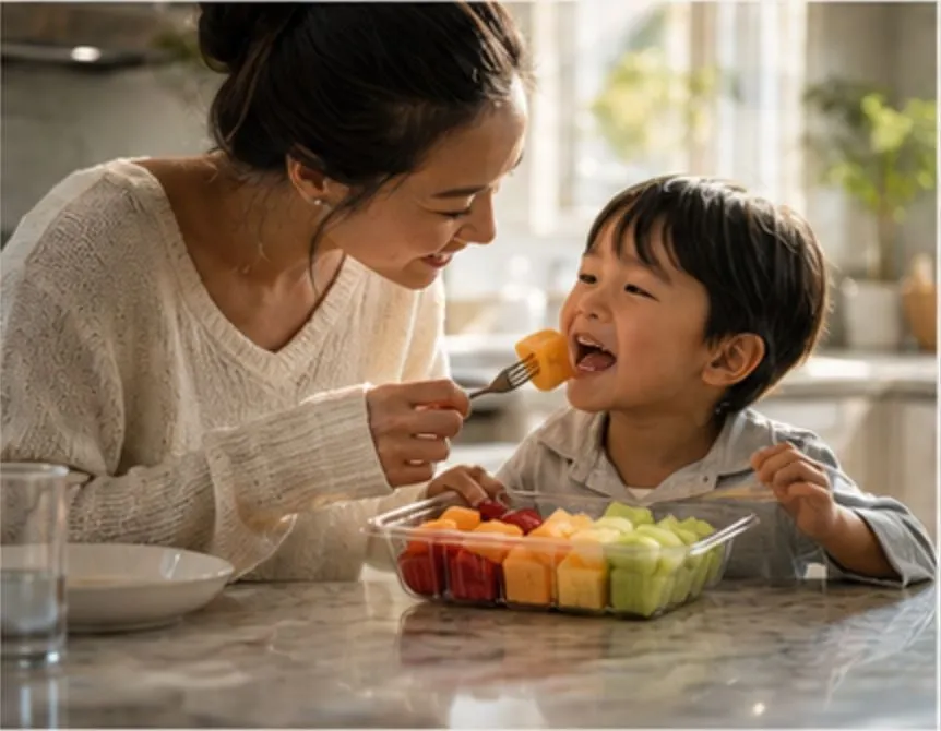 Parent sharing cut fruit with a child at home