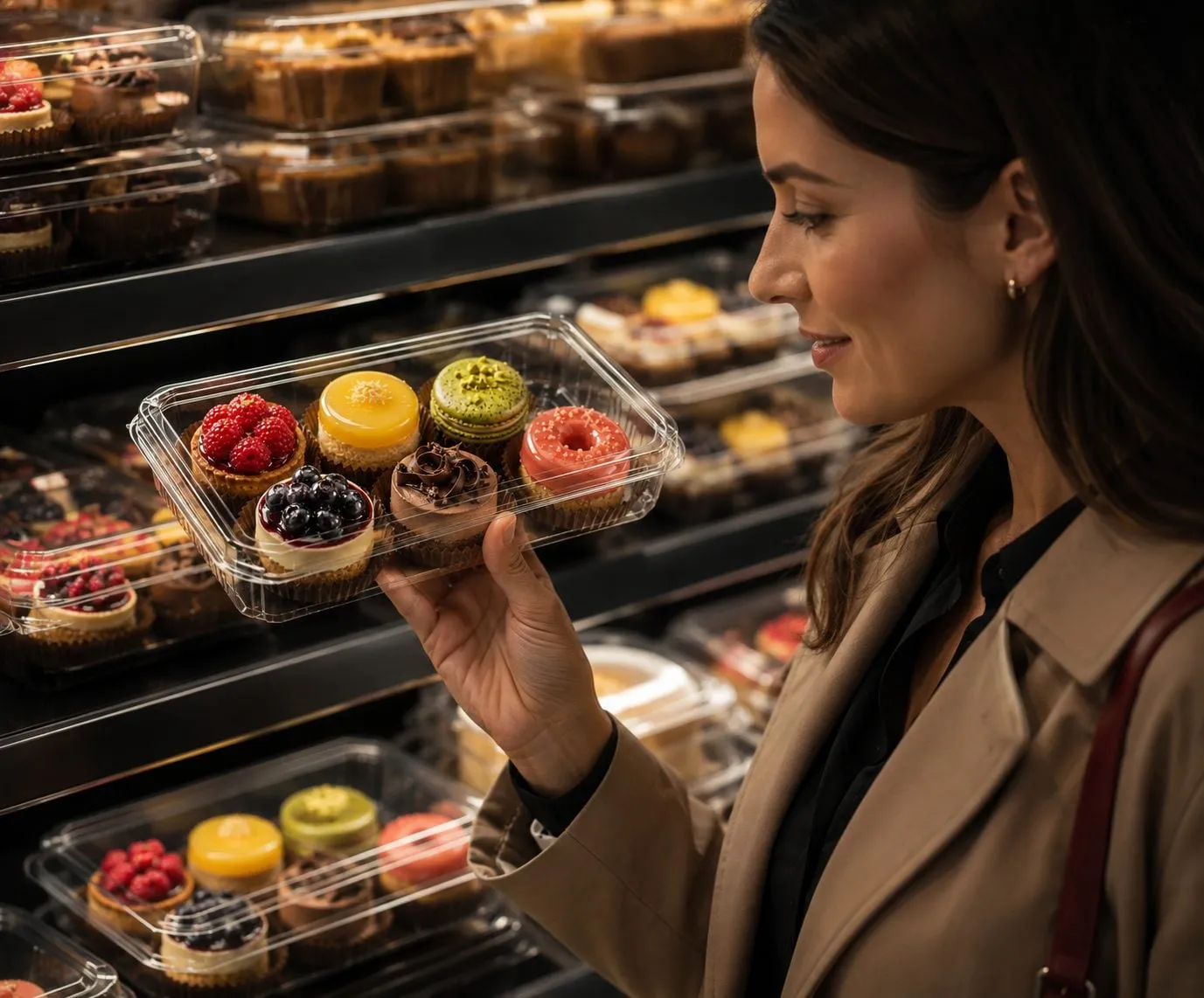 A premium bakery display of clear-packaged pastries
