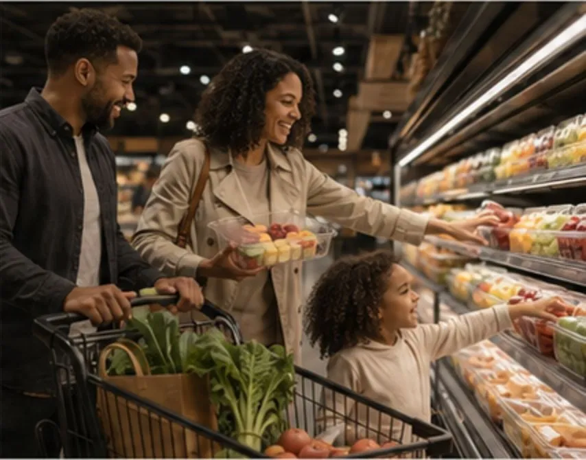 Family returning to the cut-fruit shelf