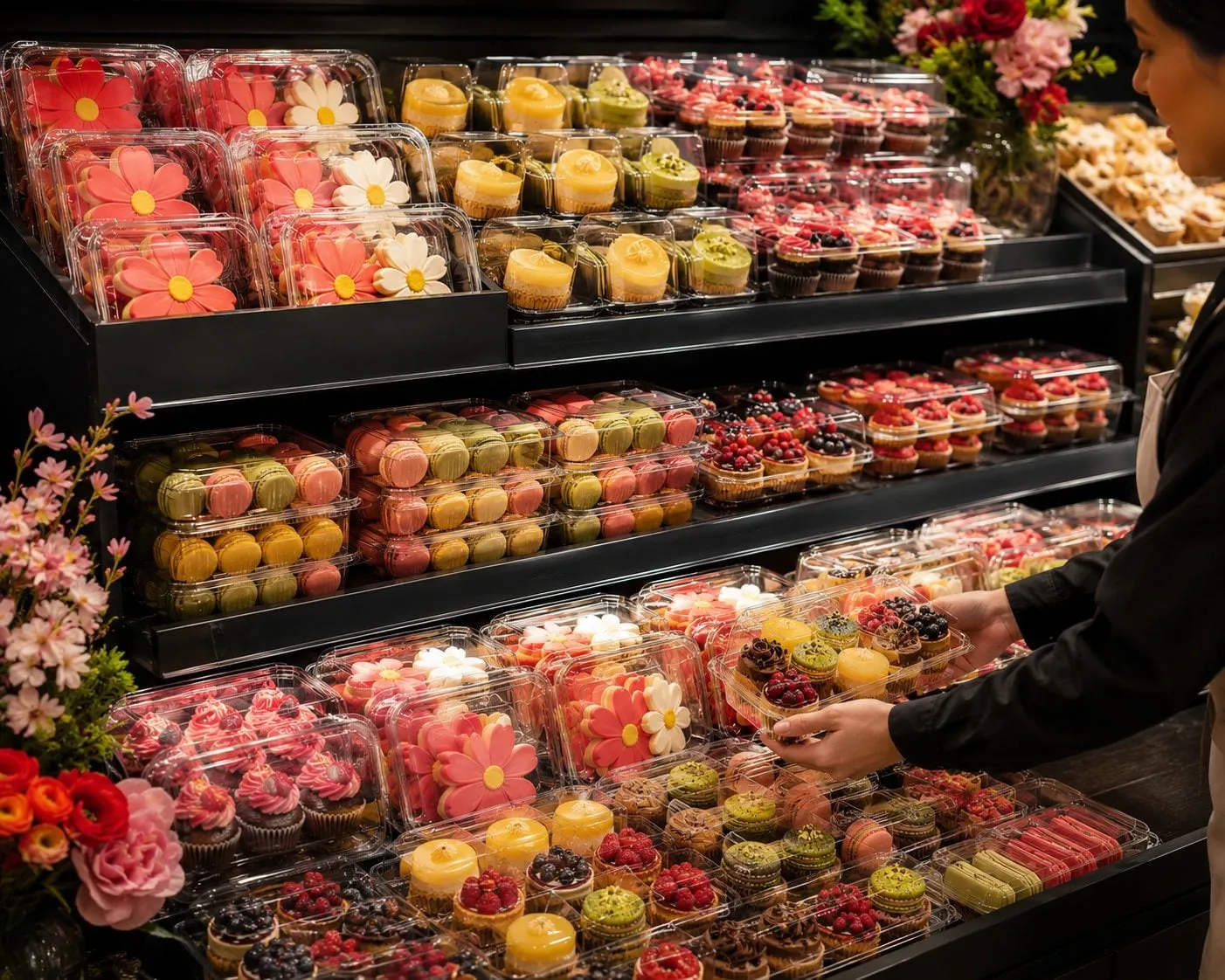 A holiday bakery display with seasonal clear trays