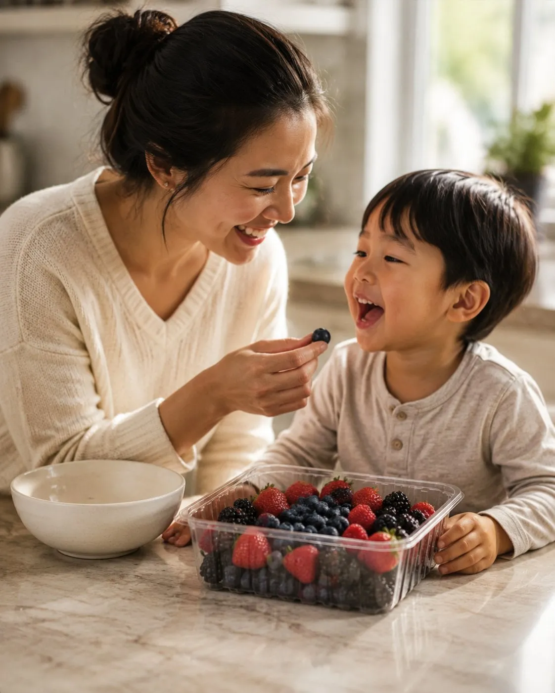 A shopper returning to the produce aisle and reaching for a clear berry tray