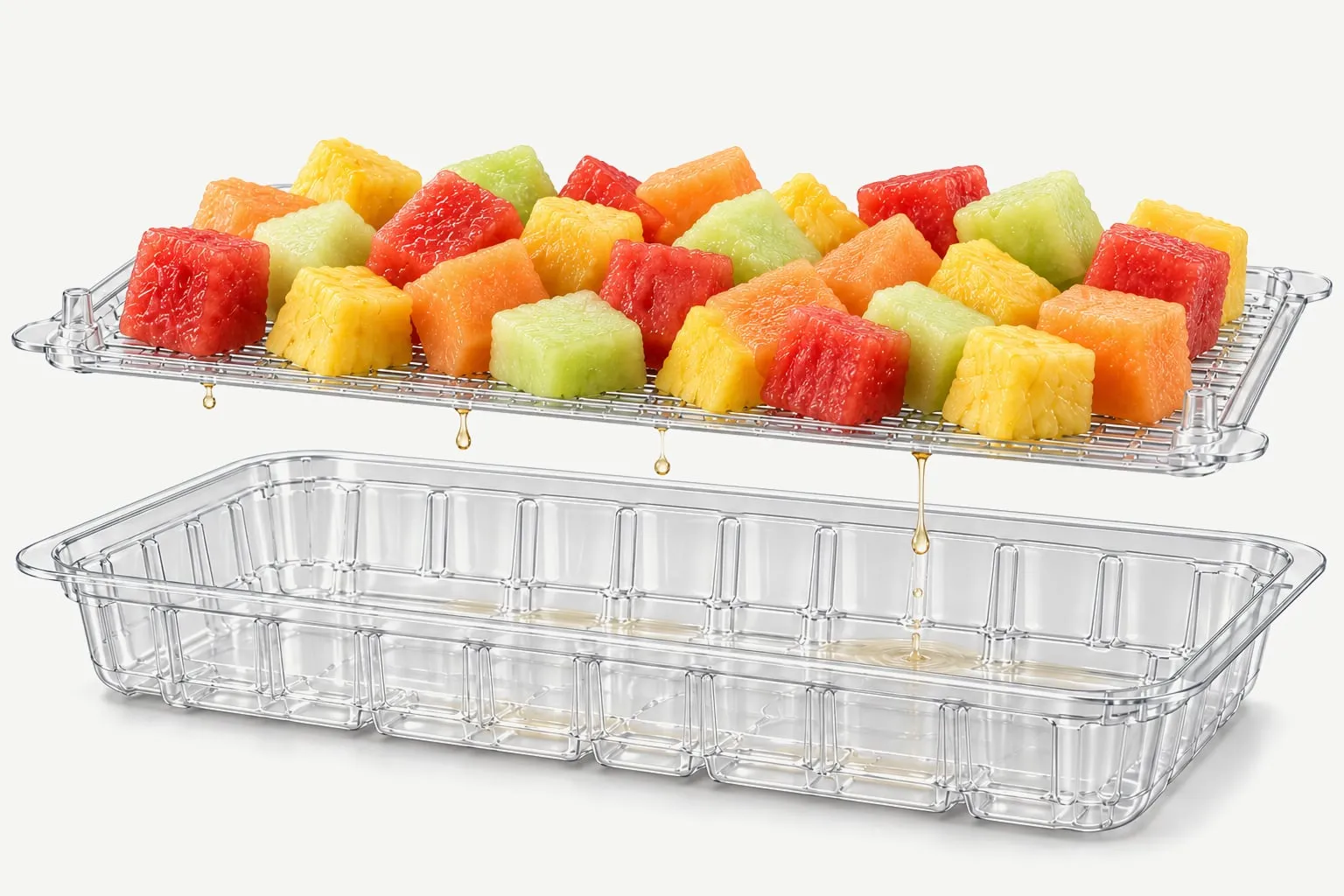Exploded view of an Infinity tray — fruit on the raised platform, liquid collected in the reservoir below