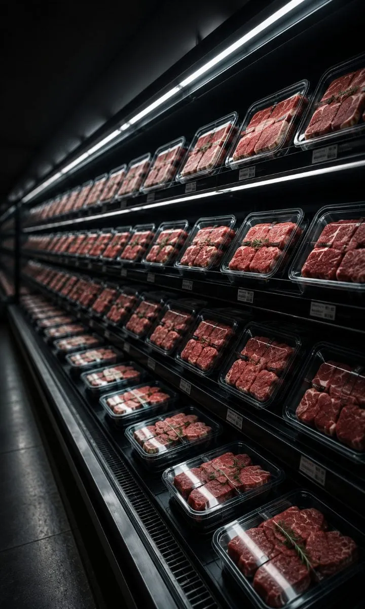 Two packaged beef samples side by side in a laboratory refrigerator