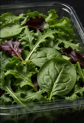 Fresh leafy greens in a clear Lucid tray