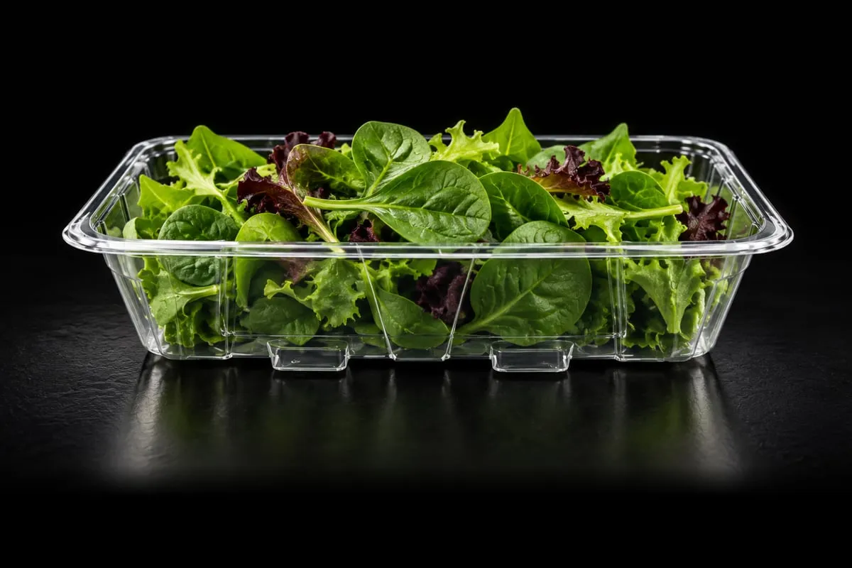Leafy greens in a clear Lucid tray on black