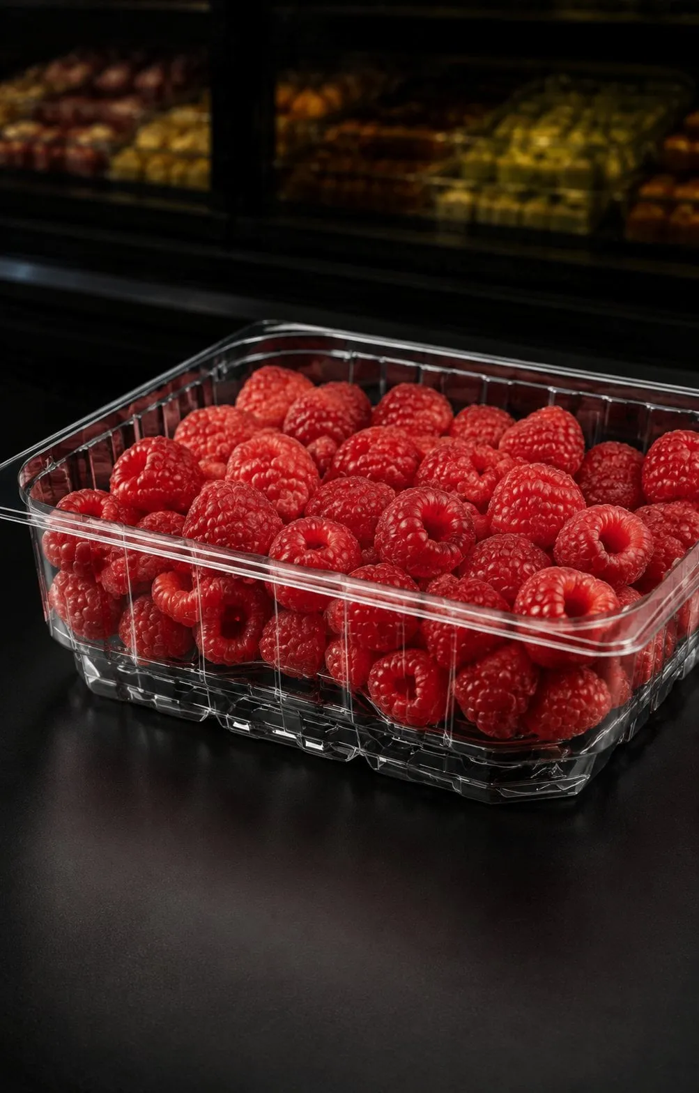 Berries resting on the elevated rack of a clear tray above the empty reservoir