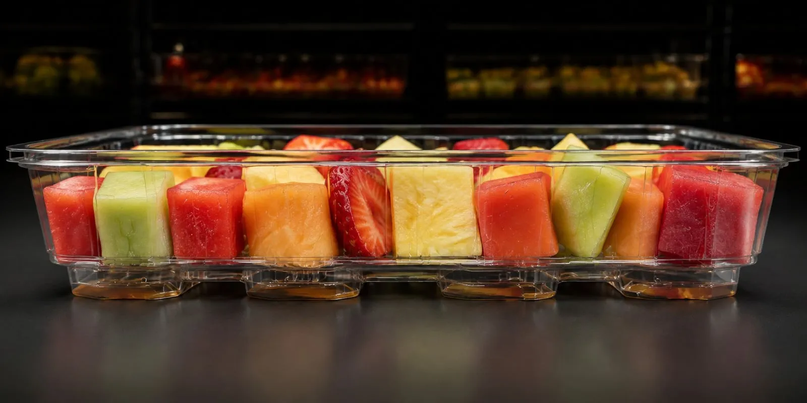 Cut fruit resting dry on the rack of a clear tray with juice collected below