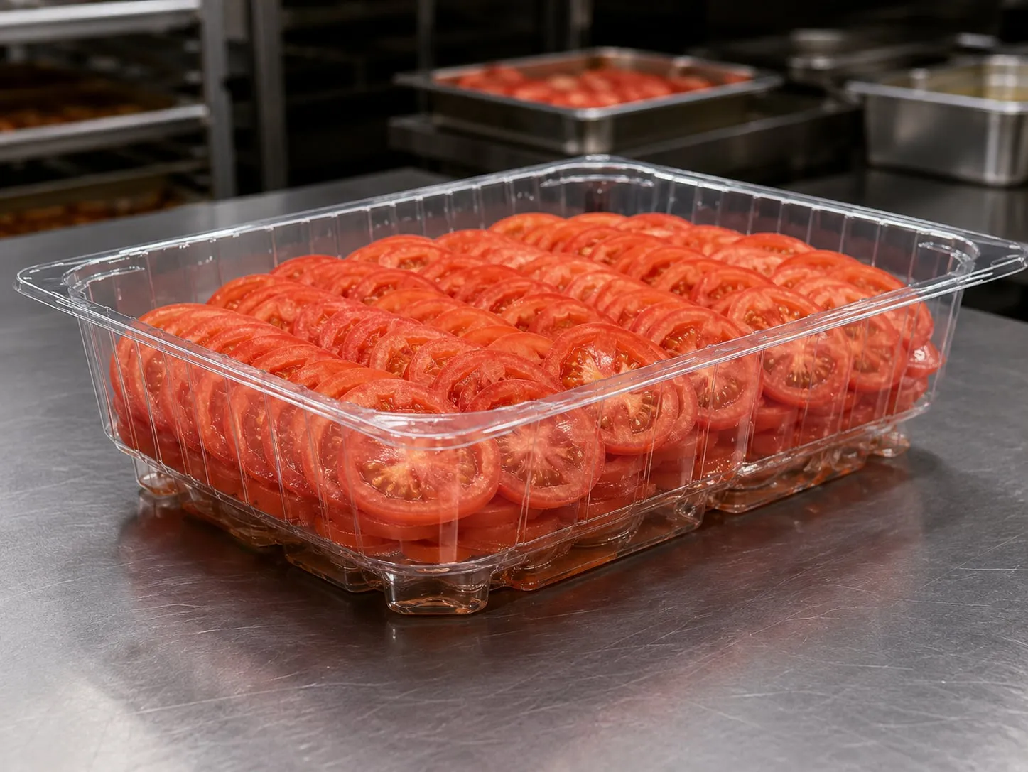 Liquid pooled in the lower reservoir of a clear tray, well away from the product above