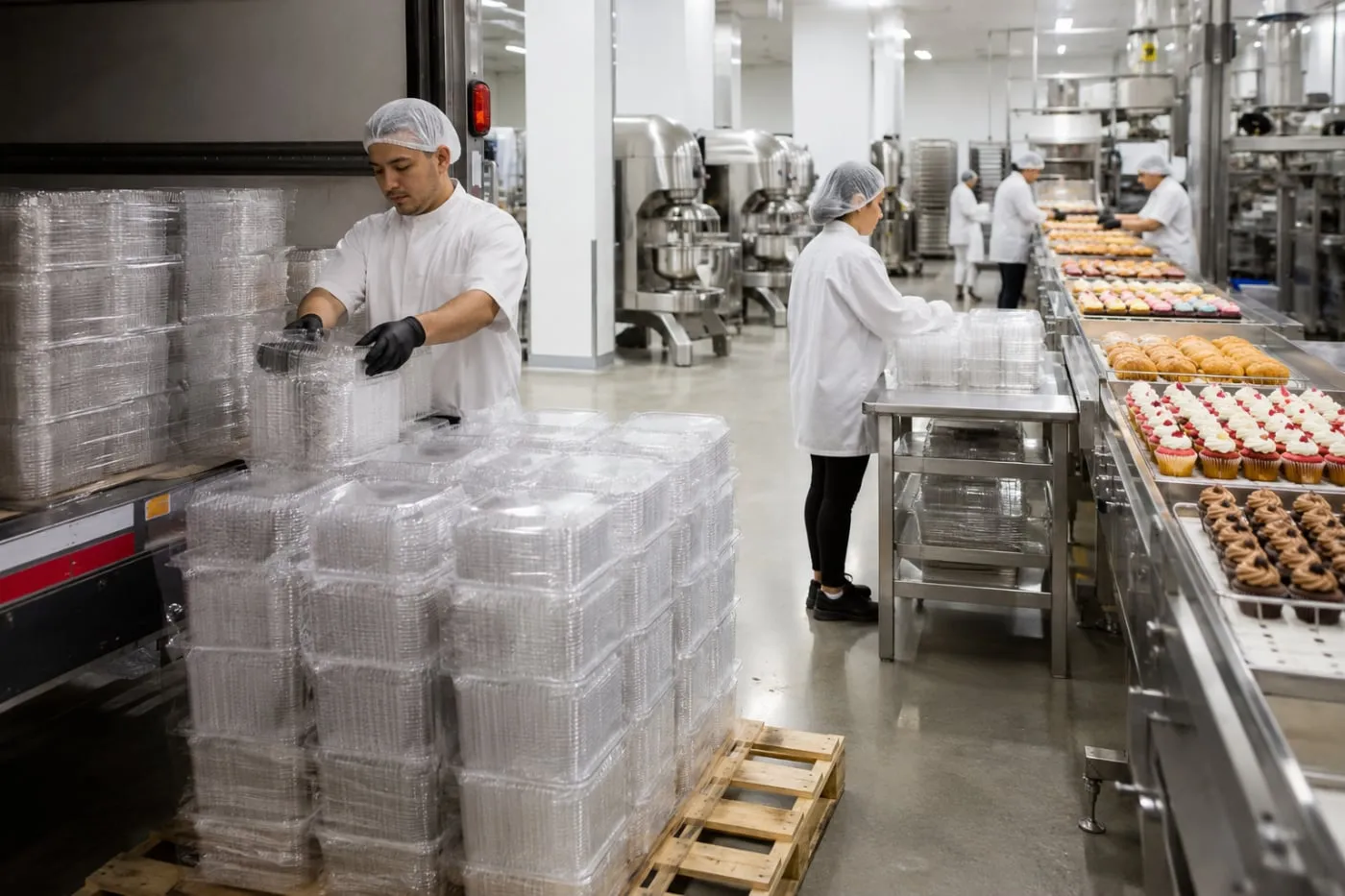 Pallets of clear bakery trays being loaded for delivery