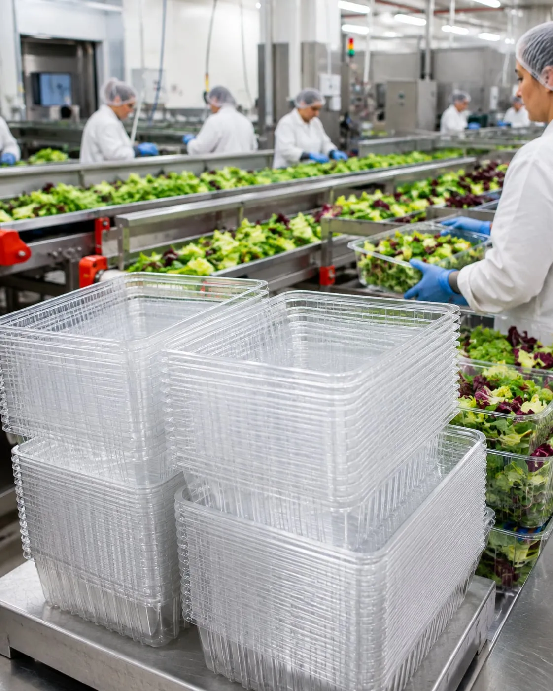 Pallets of clear trays being loaded for delivery